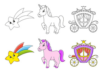 Set coloring page for kids. Fairytale theme. Cute cartoon characters. Black stroke. With sample. Vector illustration.