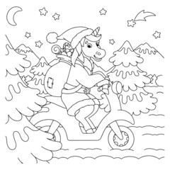 The unicorn rides a moped and carries gifts. Coloring book page for kids. Cartoon style character. Vector illustration isolated on white background.