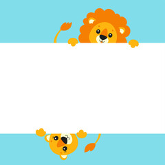 Obraz na płótnie Canvas Funny lion and lioness. Cute cartoon character holding white blank poster. With place for text. Colored vector illustration.