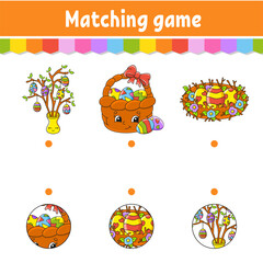 Matching game for kids. Education developing worksheet. Draw a line. Easter theme. Activity page. cartoon character. Vector illustration.