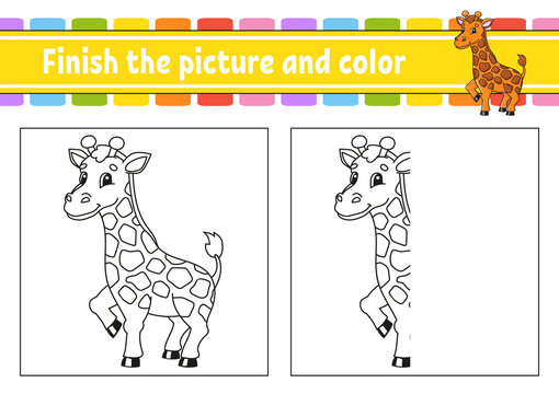 Finish the picture and color. Giraffe animal. Coon character isolated on white background. For kids education. Activity worksheet.