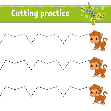 Cutting practice for kids. Education developing worksheet. Activity page. Color game for children. Isolated vector illustration. cartoon character. Animal theme.