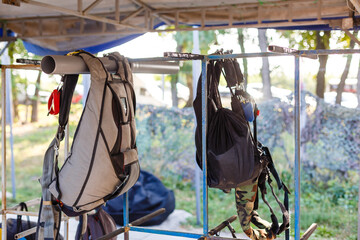 Fototapeta na wymiar Sport parachutes, packed before jumping, Parachute equipment.
