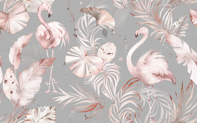 seamless watercolor pattern with tropical leaves, branches. Botanical tile with flamingo, background.