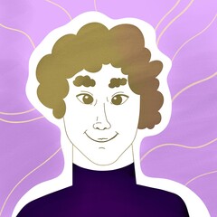 Drawn handsome avatar of a young guy. Portrait of a guy. Happy man. Cute curly handsome boy. Digital illustration.