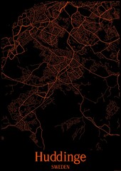 Black and orange halloween map of Huddinge Sweden.This map contains geographic lines for main and secondary roads.