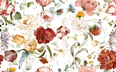 seamless floral watercolor pattern with garden pink flowers roses, peonies, leaves, branches. Botanic tile, background.