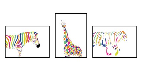 Abstract modern set of posters. Zebra, giraffe, tiger in bright rainbow colors. Trendy artistic vector illustration.