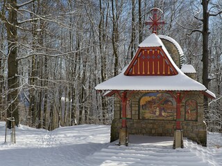  Hostyn. 9th stop Jurkovic Stations of the Cross in winter. East Moravia. Europe.