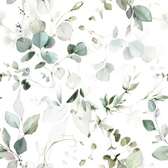 Watercolor seamless pattern. Design with leaves  eucalyptus, herbs. botanic Template - 496317735