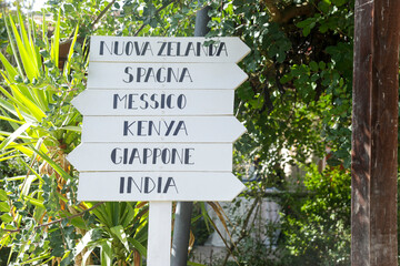Cartelli bianchi  che indicano vari luoghi nel mondo in contesto esterno.
