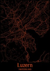 Black and orange halloween map of Luzern Switzerland.This map contains geographic lines for main and secondary roads.