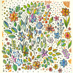 Flowers, leaves, berries and multi-colored spots of various shapes on a white background. Summer ornament drawn with colored pencils. Print for fabric.