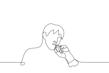 portrait of pensive man with hand near his face - one line drawing vector. concept of thoughtfulness, reflection, suspicion