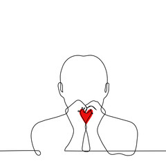 man folded his palms in the shape of a heart - one line drawing vector. love gesture concept, Korean i love you sign