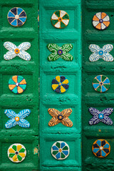 Traditional patterns of the entrance gate of the Church of San Juan Chamula. Mexico