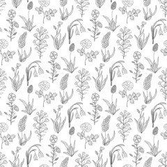Hand drawn seamless pattern of blooming flowers and leaves. Floral summer collection. Decorative doodle illustration for greeting card, wallpaper, wrapping paper, fabric, packaging