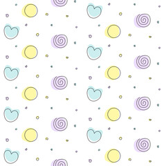 Seamless vector background with circles and hearts on a white background. Gentle baby pattern