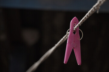 Closeup. Pink pinch on an empty rope. Black background - obrazy, fototapety, plakaty