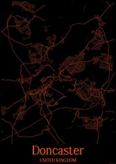 Black and orange halloween map of Doncaster United Kingdom.This map contains geographic lines for main and secondary roads.