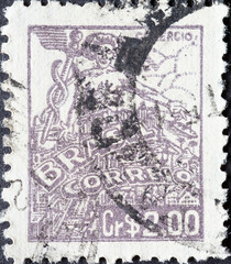 Brazil - circa 1946: a postage stamp from Brazil, showing Hermes the messenger of the gods with the...