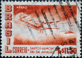 Brazil - circa 1956: a postage stamp from Brazil, showing the antique Santos-Dumont's 1906 biplane...