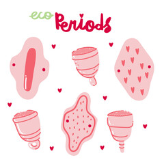 Hand drawn doodle vector set of eco-friendly hygiene products for menstruation