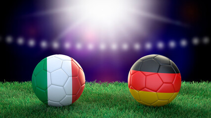 Fototapeta premium Two soccer balls in flags colors on stadium blurred background. Italy and Germany. 3d image