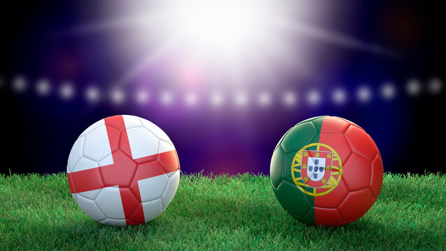Two soccer balls in flags colors on stadium blurred background. England and Portugal. 3d image