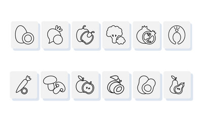 Buttons with food illustrations on white background. Healthy food icos set.