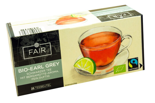Fair Bio-Earl Grey Schwarzer Tee mit Fair Trade Siegel und EU Bio Label auf weissem Hintergrund