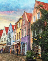 Fototapeta premium Colorful painting modern artistic artwork, real brush strokes, drawing in oil European famous old street view, beautiful old vintage houses, design print for canvas or paper poster, touristic product