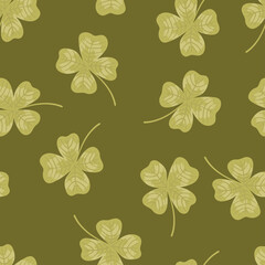 Four leaf clover vector seamless pattern. Lucky clover leaf four petals cartoon texture. Green shamrock for St. Patrick's Day, Irish Holiday beer festival background for fabric, wallpaper, wrap paper