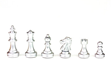 Set of silver chess figure isolated on white background. Chess is a game of war to fight with strategy between two players.