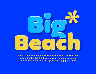 Vector turistic banner Big Beach. Sunny Yellow Font. Sticker Alphabet Letters, Numbers and Symbols set