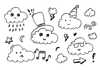 hand drawn kawaii  clouds doodle cartoon designs for wallpaper, stickers, coloring books, pins, emblems Isolated on white background. Vector illustrations.