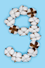 Number 9 made of cotton flowers and isolated on solid blue background. Floral numeral concept. One number of the set of cotton font easy to stacking.