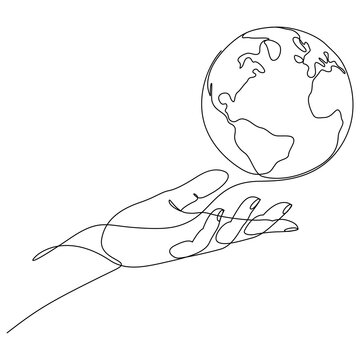 recommend clip art: Continuous line drawing of human hand holding world planet earth. Minimal style vector illustration.