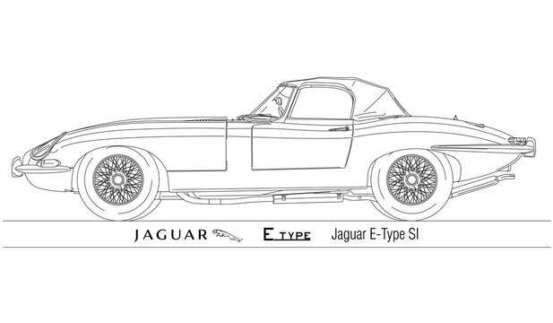 Jaguar E Type SI Spider vintage and classic car, outlined on the white background, illustration