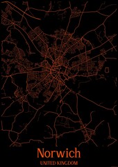 Black and orange halloween map of Norwich United Kingdom.This map contains geographic lines for main and secondary roads.