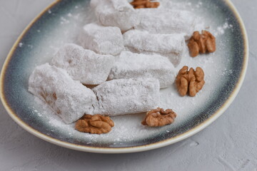 Traditional Turkish delight lokum with walnut.