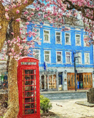 Colorful painting modern artistic artwork, real brush strokes, drawing in oil European famous old street view, beautiful old vintage houses, design print for canvas or paper poster, touristic product