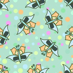 Cute butterfly vector seamless pattern with multicolor dots and a pale green background