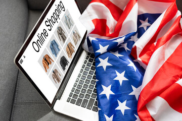 online shopping laptop with laptop computer, america flag.