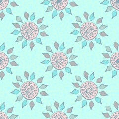 Pale pink and blue sunburst shapes vector seamless repeat pattern