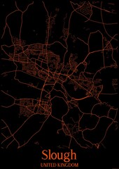 Black and orange halloween map of Slough United Kingdom.This map contains geographic lines for main and secondary roads.
