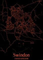 Black and orange halloween map of Swindon United Kingdom.This map contains geographic lines for main and secondary roads.