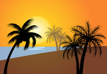 Paisaje de playa con palmera en verano al atardecer. 