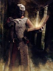 Fantasy reptilian sorcerer holding a book and casting a spell in an old temple. 3D render - the man is a 3D object. 