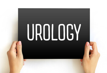 Urology - part of health care that deals with diseases of the male and female urinary tract, text concept on card